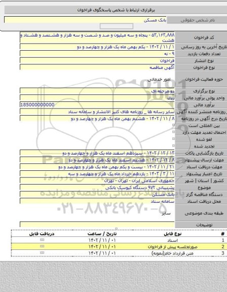 مناقصه, پشتیبانی ۹۷۲ دستگاه کیوسک بانکی