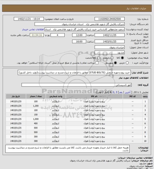 استعلام خرید پیچ و مهره صنعتی (STUD BOLTS) مطابق با الزامات و شرح مندرج در دیتاشیت پیوست(تولید داخل کشور)