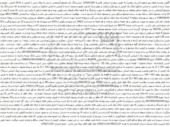 آگهی مزایده ششدانگ یک مجتمع آپارتمانی شش به پلاک ثبتی 1 فرعی از 5141 اصلی ، مفروز و مجزا شده از فرعی از اصلی