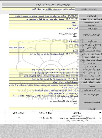 مناقصه, خرید تجهیزات مورد نیاز به منظور امن سازی٬ مصون سازی و نوسازی مرکز داده و مرکز عملیات امنیت