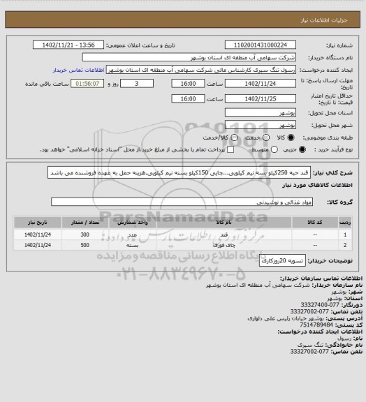 استعلام قند حبه 250کیلو بسه نیم کیلویی...چایی 150کیلو بسته نیم کیلویی.هزینه حمل به عهده فروشنده می باشد