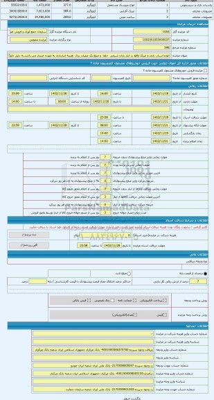 مزایده ، انواع اسباب بازی و عینک واقع در انبار یاران شیمی جلفا و مبلغ یک میلیارد ریال هزینه انبارداری به عهده خریدار می باشد.