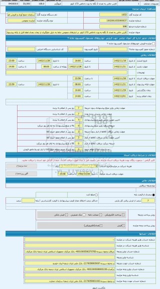 مزایده ، کارتن خالی به تعداد 2 نگله به وزن ناخالص 173 کیلو  در انبارهای عمومی جلفا به دلیل جلوگیری از تبعات بعدی لطفا قبل از ارا