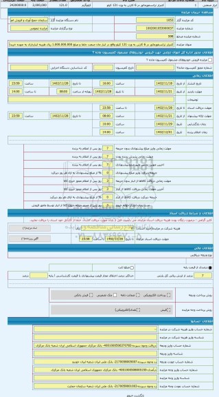 مزایده ، کنترلر ترانسفورماتور در 6 کارتن به وزن 121 کیلو واقع در انبار مان صنعت جلفا و مبلغ 1.000.000.000 ریال هزینه انبارداری ب