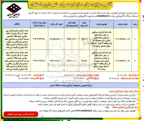 مزایده فروش دو واحد آپارتمان مسکونی در حال ساخت