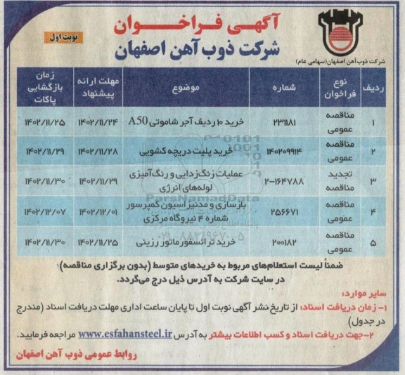 مناقصه عمومی خرید 10 ردیف آجر شاموتی A50...