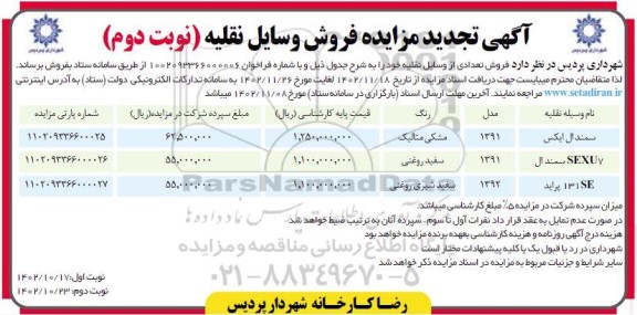 تجدید مزایده فروش تعدادی وسایل نقلیه ـ نوبت دوم