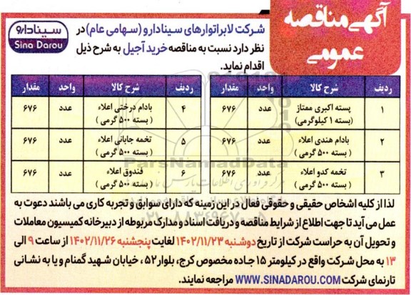مناقصه خرید آجیل 