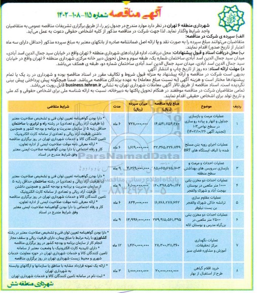 مناقصه عملیات مرمت و بازسازی جداول و انهار و پیاده روسازی ..