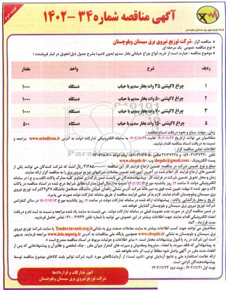  مناقصه خرید انواع چراغ خیابانی بخار سدیم- نوبت دوم