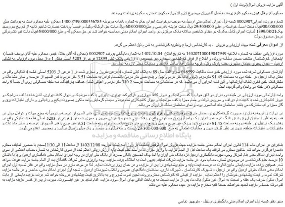 مزایده فروش ملک به پلاک ثبتی شماره 4 فرعی مفروز و مجزی شده از 1 فرعی از 5203 اصلی قطعه 4 تفکیکی