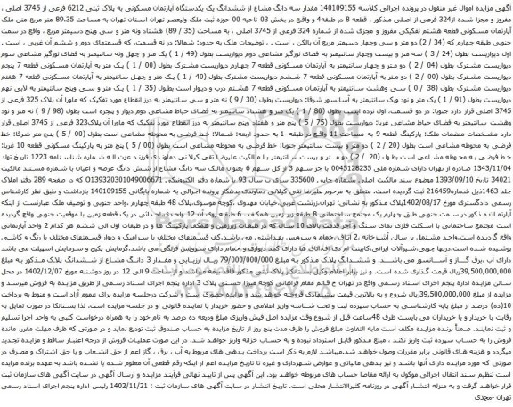 آگهی مزایده قدار سه دانگ مشاع از ششدانگ یک یکدستگاه آپارتمان مسکونی به پلاک ثبتی 6212 فرعی از 3745 اصلی