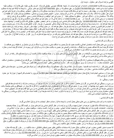 مزایده فروش سه دانگ  یک باب مغازه قولنامه ای