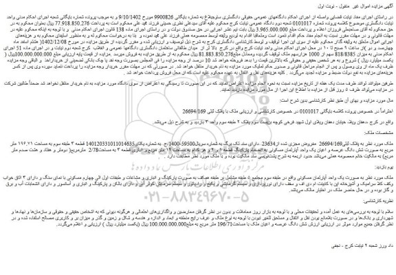 مزایده فروش ملک با پلاک ثبتی 26694/169  