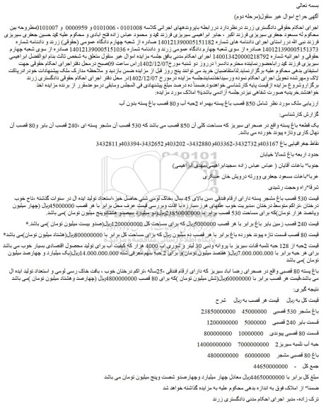 مزایده فروش ملک شامل 850 قصب باغ پسته بهمراه 2حبه آب و80 قصب باغ پسته بدون آب