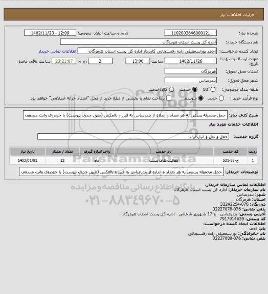 استعلام حمل محموله پستی به هر تعداد و اندازه از بندرعباس به فین و بالعکس (طبق جدول پیوست) با خودروی وانت مسقف