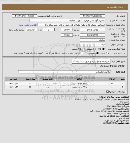 استعلام تهییه پایه چراغ و پرژکتور طبق اسناد پیوست