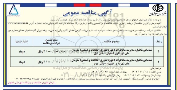 مناقصه شناسایی، تحلیل، مدیریت مخاطرات (حوزه فناوری اطلاعات و صنعتی) 