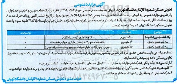 مزایده فروش یک قطعه زمین و 6 باب واحد تجاری