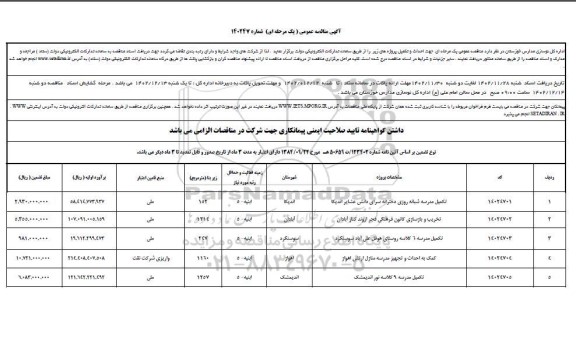 مناقصه تکمیل مدرسه شبانه روزی دخترانه ...