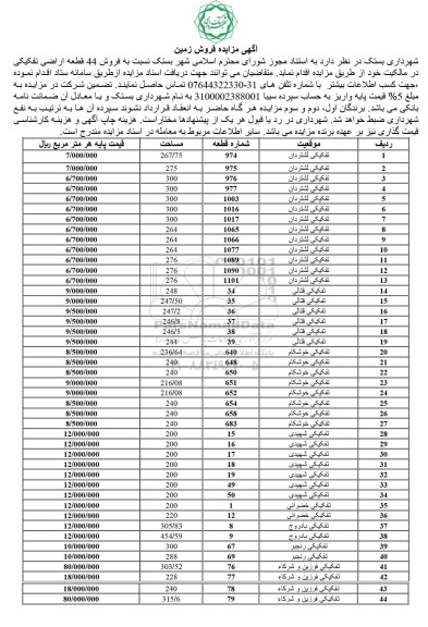 مزایده فروش 44 قطعه از اراضی تفکیکی 