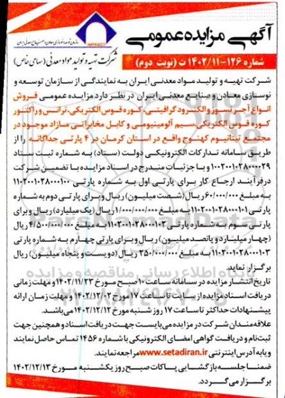 مزایده فروش انواع آجر نسوز و الکترود گرافیتی ، کوره قوس الکتریکی....
