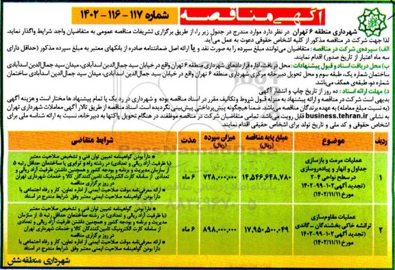 مناقصه عملیات مرمت و بازسازی جداول و انهار و پیاده روسازی....