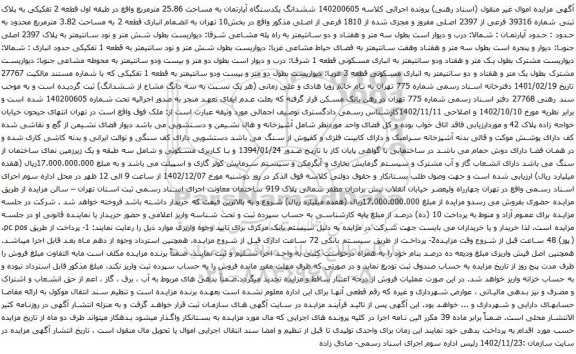 مزایده ششدانگ یکدستگاه آپارتمان به مساحت 25.86 مترمربع
