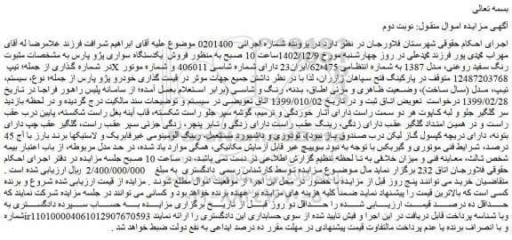 مزایده فروش یکدستگاه سواری پژو پارس 