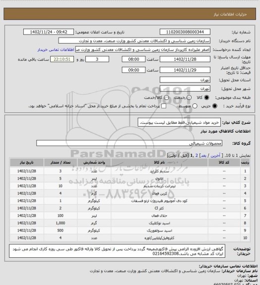 استعلام خرید مواد شیمیایی.فقط مطابق لیست پیوست.