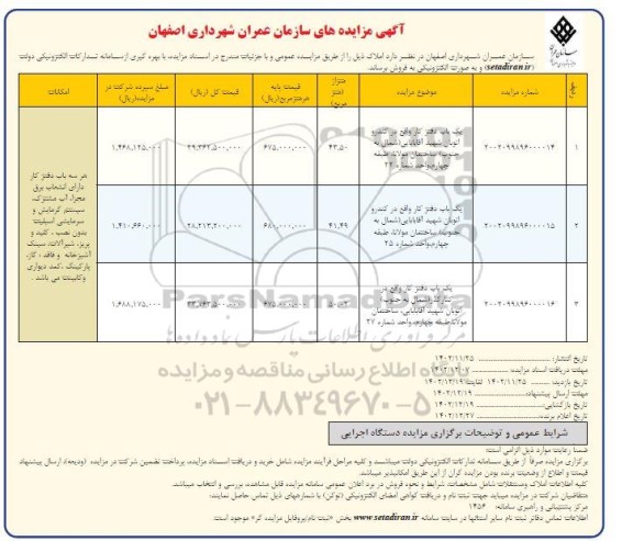 مزایده فروش سه باب دفتر کار