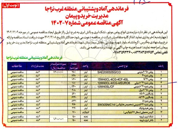 مناقصه خرید روغن موتور...