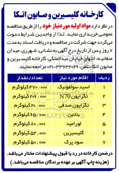 مناقصه خرید مواد اولیه (اسید سولفونیک...)