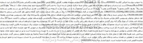 مزایده شدانگ یک باب/قطعه پلاک457(چهارصدوپنجاه وهفت )