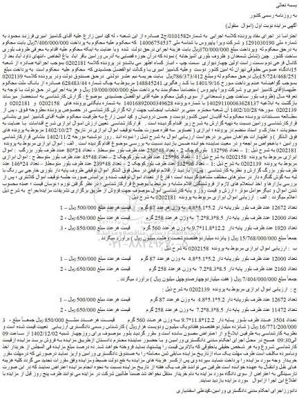 مزایده فروش 1 – تعداد 96*132  بلورکوچک 2 - تعداد 48*250 عدد ظرف بلور متوس و...