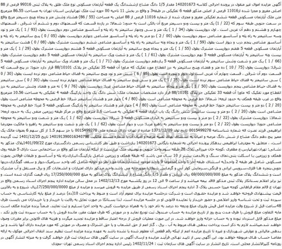مزایده ششدانگ یک قطعه آپارتمان مسکونی