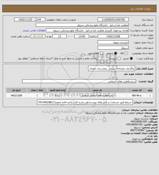 استعلام واگذاری داروخانه سرپایی بیمارستان جغتای