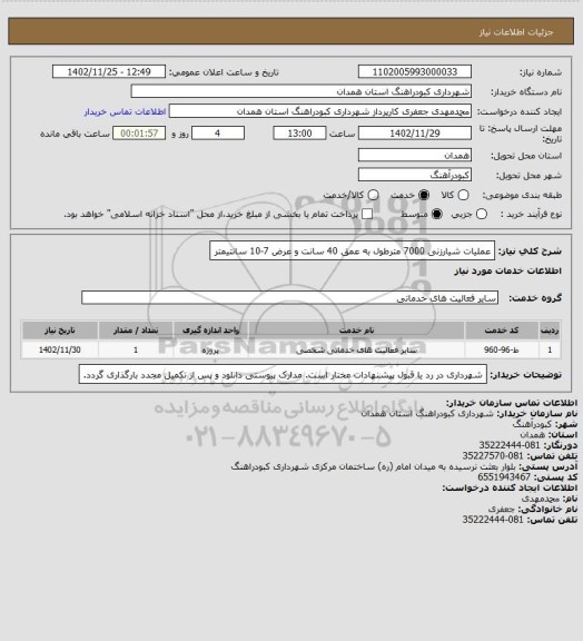 استعلام عملیات شیارزنی 7000 مترطول به عمق 40 سانت و عرض 7-10 سانتیمتر