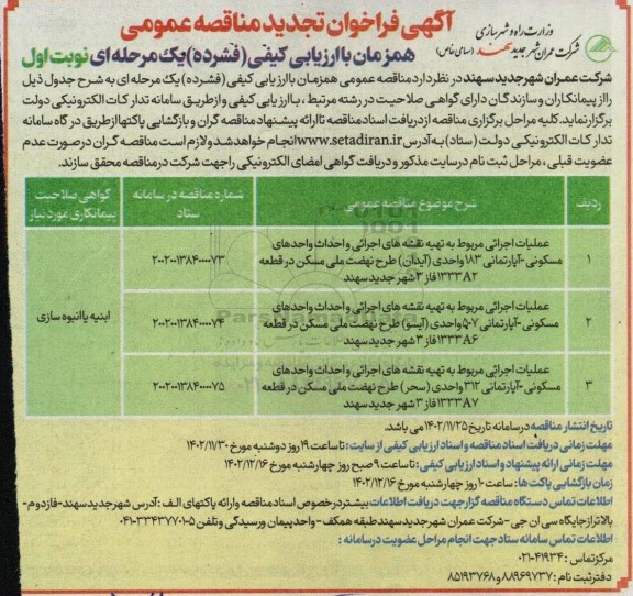 فراخوان تجدید مناقصه عملیات اجرایی مربوط به تهیه نقشه های اجرایی و احداث واحدهای مسکونی  