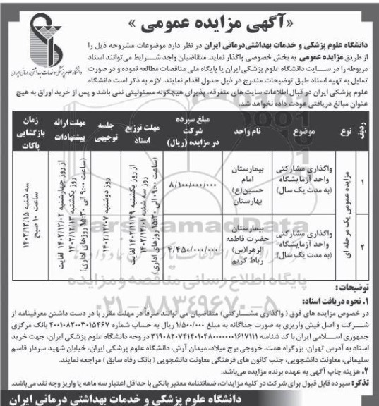 مزایده عمومی واگذاری مشارکتی واحد آزمایشگاه ...