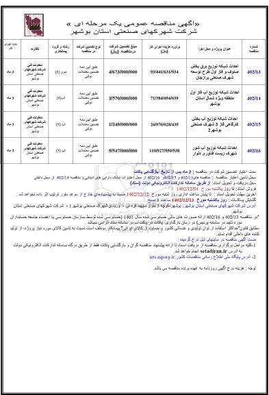 مناقصه عمومی احداث شبکه توزیع برق بخش صنوف و فاز اول طرح توسعه...
