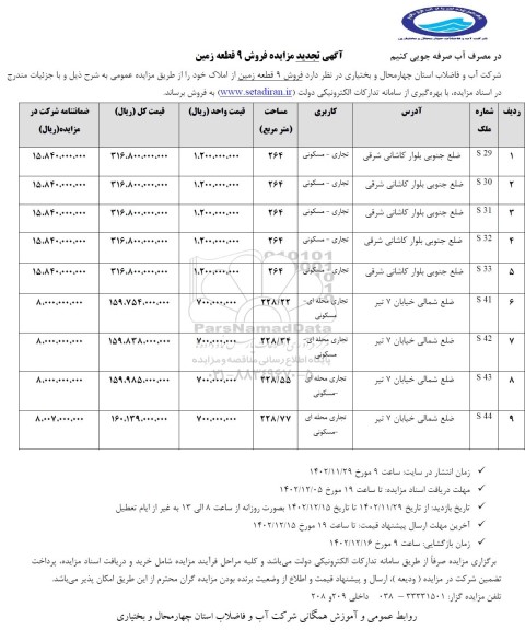 تجدید مزاید فروش 9 قطعه زمین