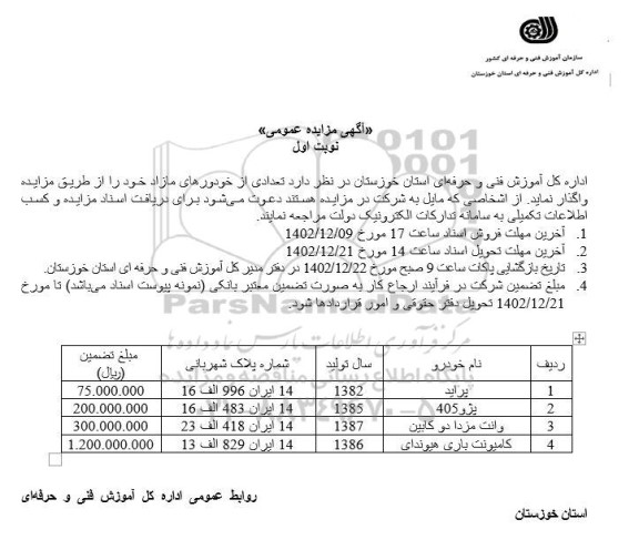 مزایده تعدادی از خودروهای مازاد