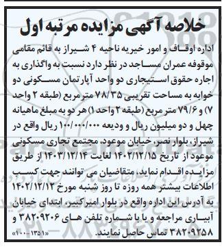 خلاصه مزایده واگذاری حقوق استیجاری دو واحد آپارتمان مسکونی