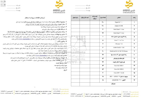 استعلام خرید قطعات شبکه (فیبرنوری)
