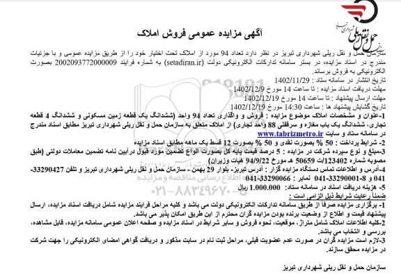 مزایده فروش تعداد 94 مورد از املاک