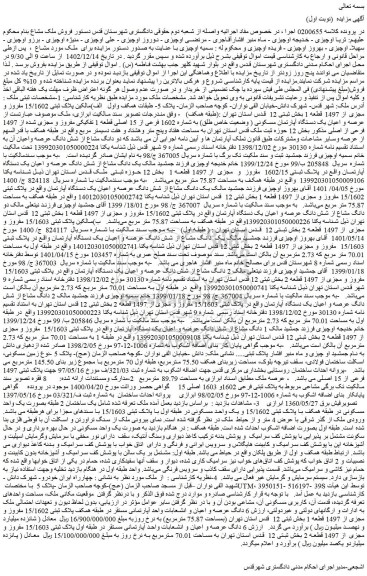 مزایده فروش عرصه و اعیان یک دستگاه آپارتمان مسکونی ( وضعیت خاص طلق) به شماره 1602 فرعی از 15 اصلی قطعه 1 تفکیکی مفروز و مجزی شده از 1497 فرعی از اصلی