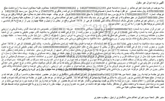 مزایده فروش ملک به شماره پلاک ثبتی 13048 فرعی از 7575 اصلی مفروز و مجزی شده از 23 فرعی قطعه 4 تفکیکی