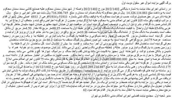 مزایده فروش ششدانگ یک دستگاه آپارتمان