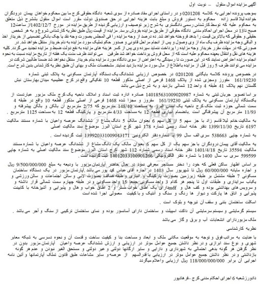 مزایده  ششدانگ یک دستگاه  آپارتمان  مسکونی  